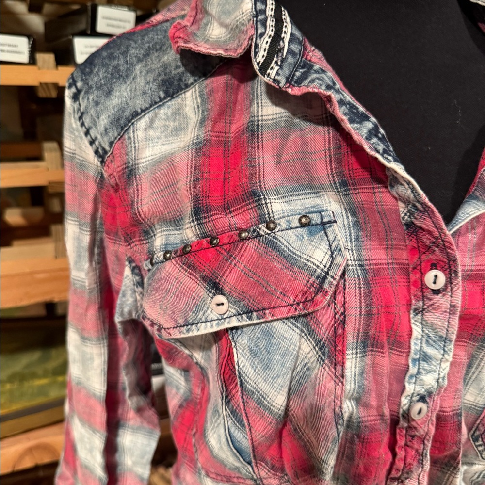 Affliction Red and Gray Plaid Shirt - Picture 3 of 7
